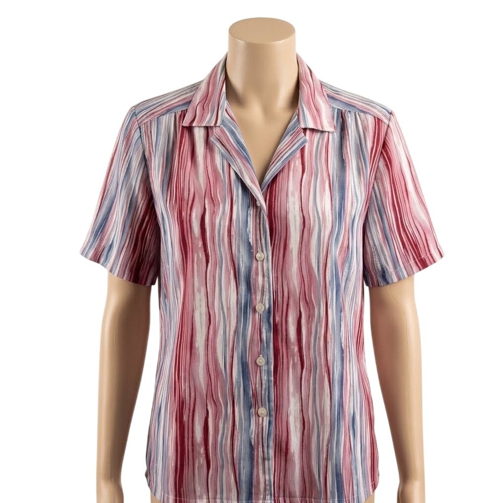 Vintage Donnkenny Classics Womens Red Blue Abstract Stripe Blouse Size M